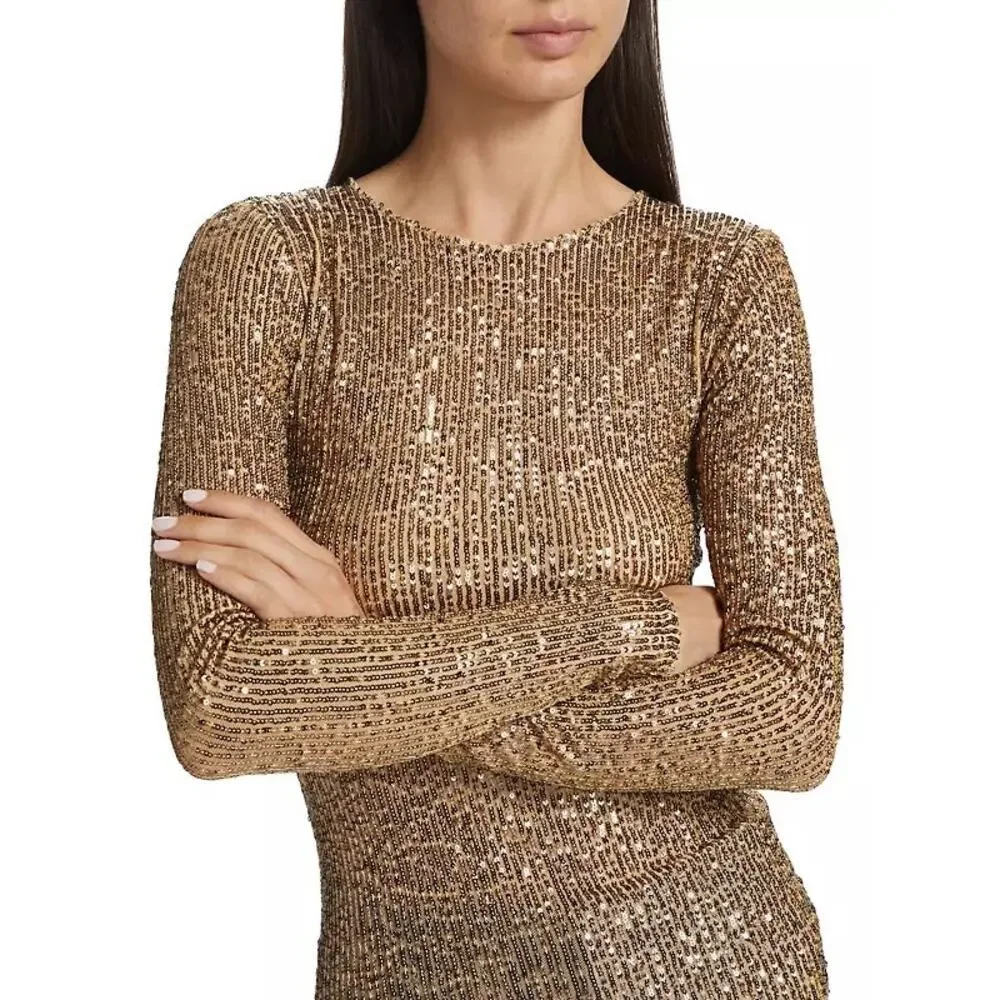 Free People Gold Rush Sequin Long Sleeve Top Blouse in Gold Combo Boho‎ Chic XS